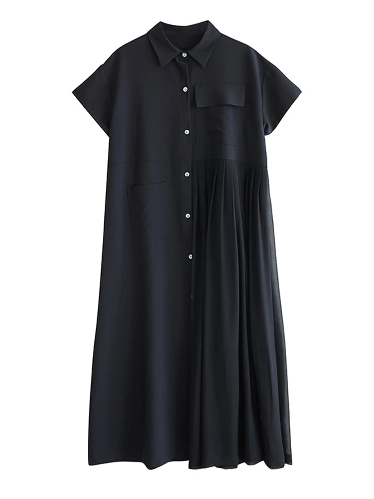 2025 Summer New Black Vintage Pleated Shirt Long Dresses For Women Short Sleeve Casual Loose Patchwork Dress Fashion Clothing