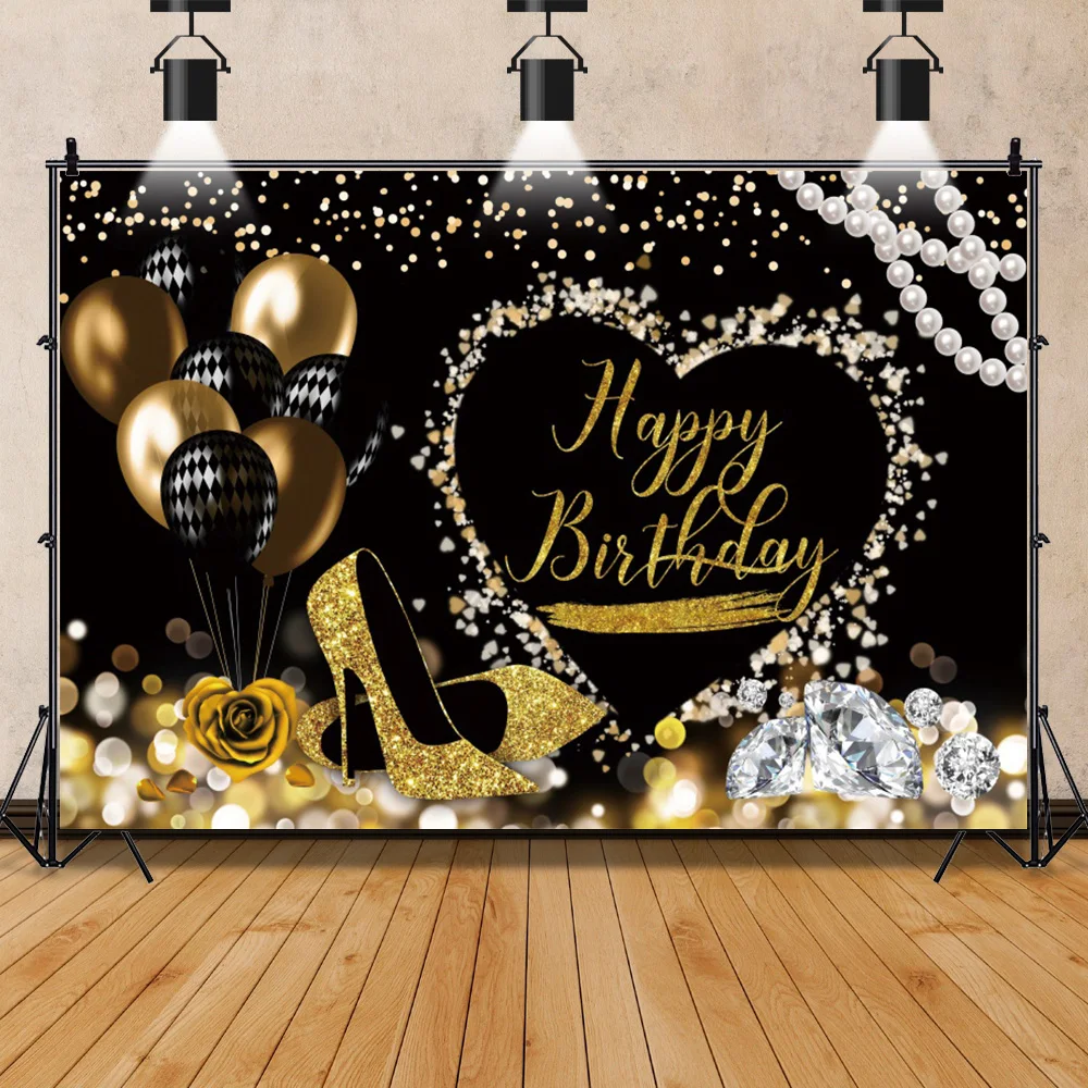 Photo Backdrop Happy Women's Birthday Party High Heels Gold Balloons Rose Flowers Decor Photographic Background photo backdrop