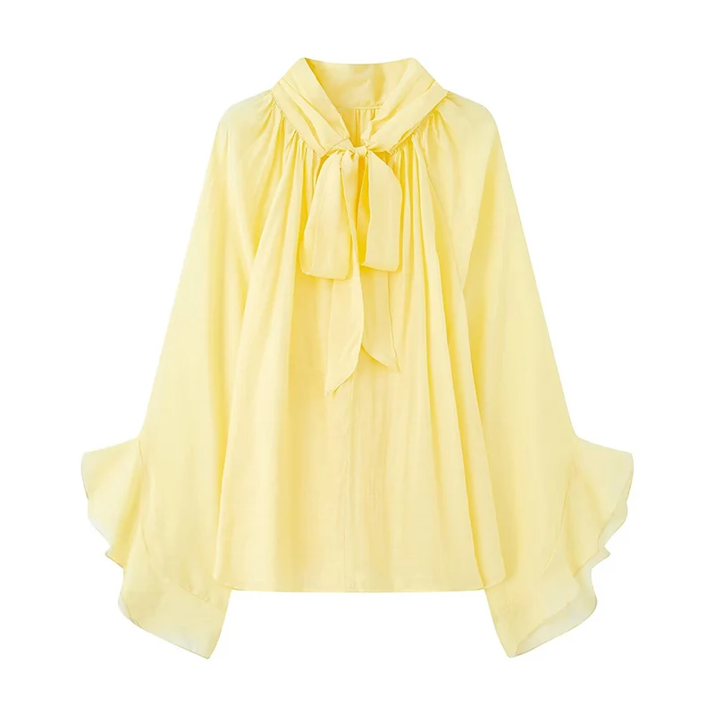 Perspective Women Shirt 2025 Autumn New Bow Tied Blouse Woman Tops Lady Ruffles Flare Sleeve Loose Elegant Blouses