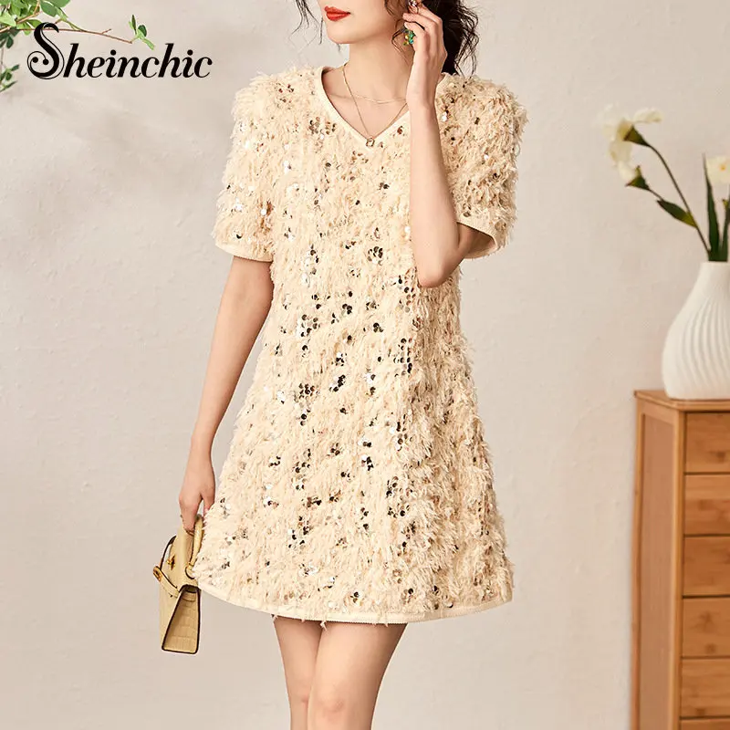 

Luxury Sequined Feather Dress Women Elegant V-neck Short Sleeve Mini Summer Dresses 2023 Korean Fashion Womens Clothing