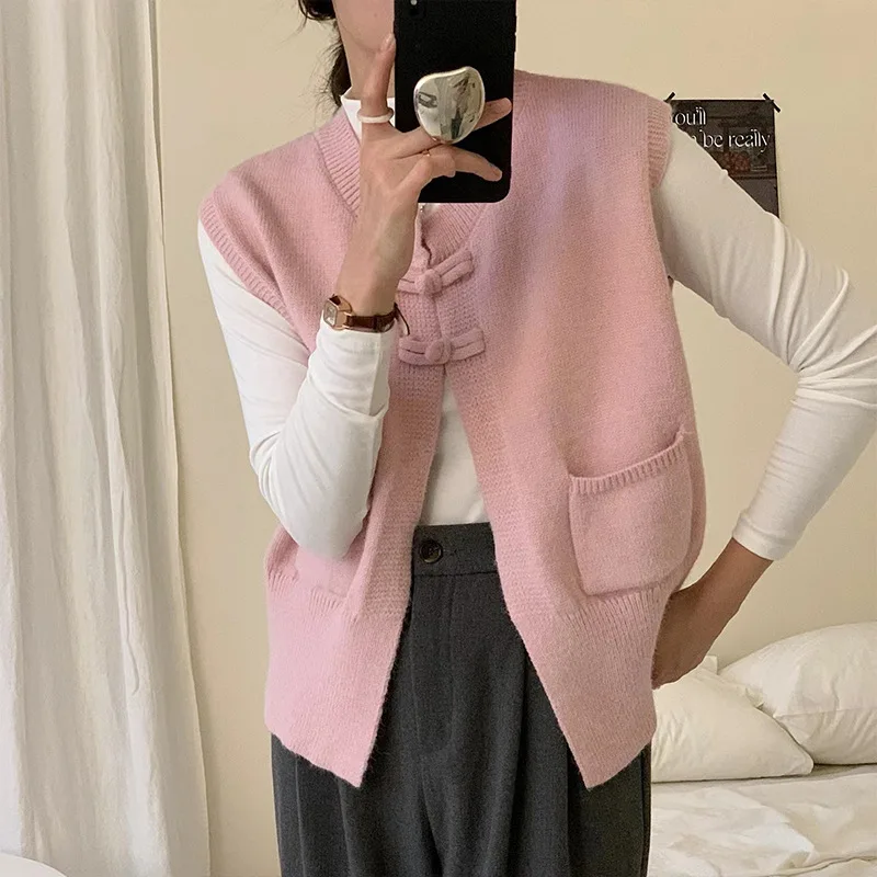 

Chinese Style Plate Button Knitted Sweater Cardigan Vest with Vest for Women's Autumn Design Feeling Niche Loose Coat Top