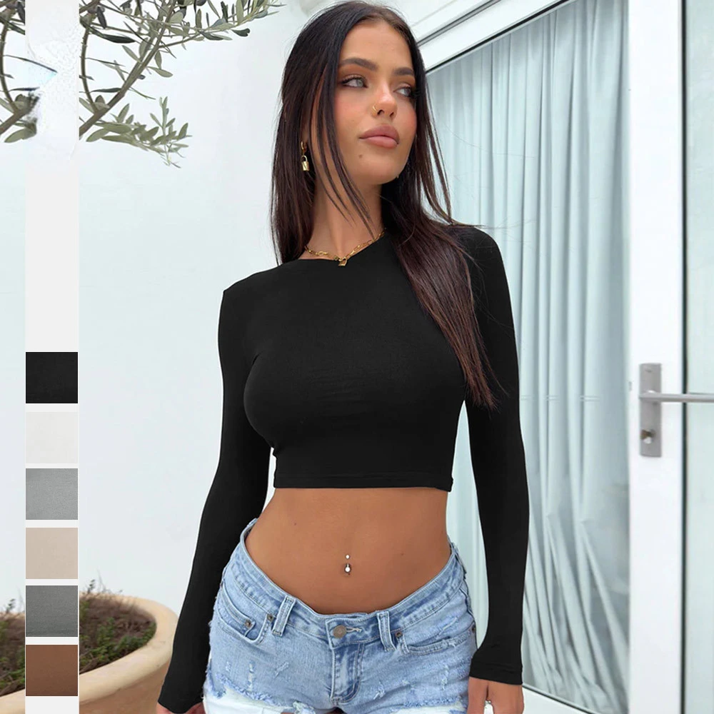 

2023 Summer New T-shirt Women Long Sleeved Solid Nylon O-neck T-shirt Leisure Fashion Small Top