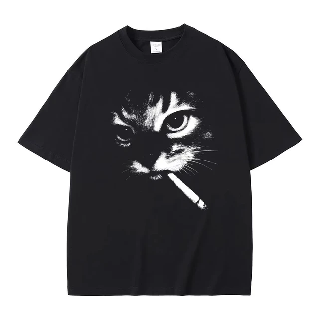 Funny Meme Smoking Cat Face Graphic T-shirts Men Women Casual Cotton Vintage T Shirts Men's Oversized T-shirts Cats Lovers Gifts 1
