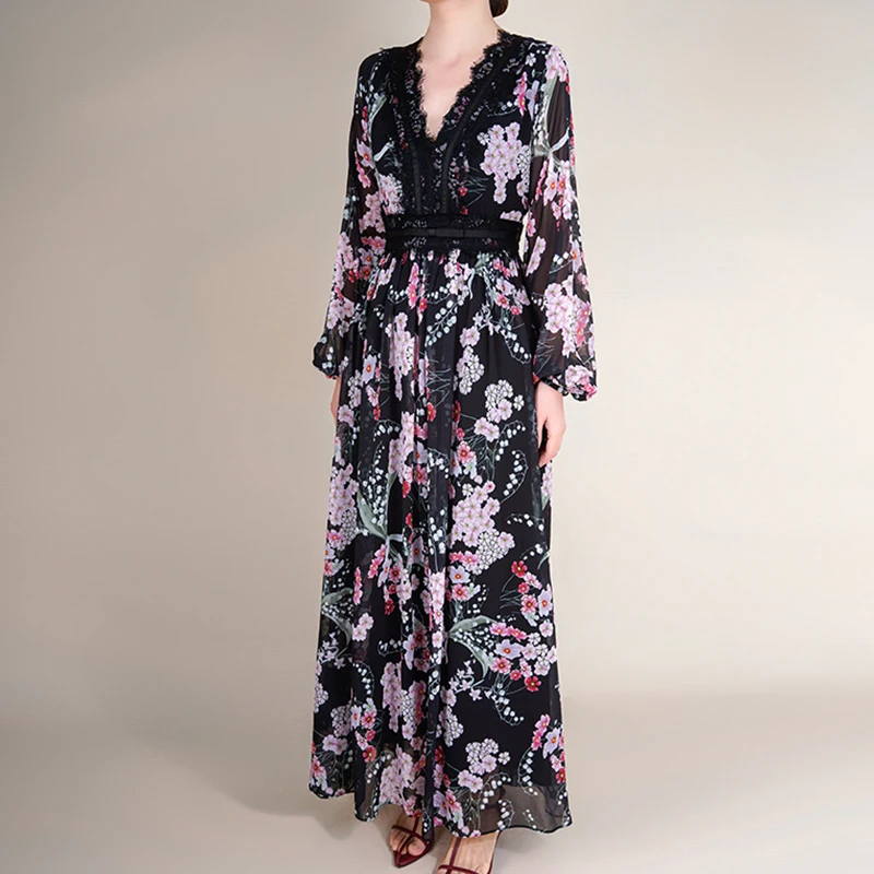 

Vintage V-neck Long Sleeve Dresses for Women 2022 Lady Elegant High Quality Lace Patchwork Chiffon Floral Dress