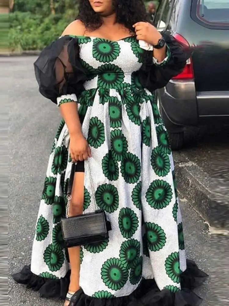 

VONDA 2023 Summer Women Vintage Maxi Dress Lace Patchwork Bohemian Vestidos Off Shoulder Sexy Floral Print Sundress Oversized