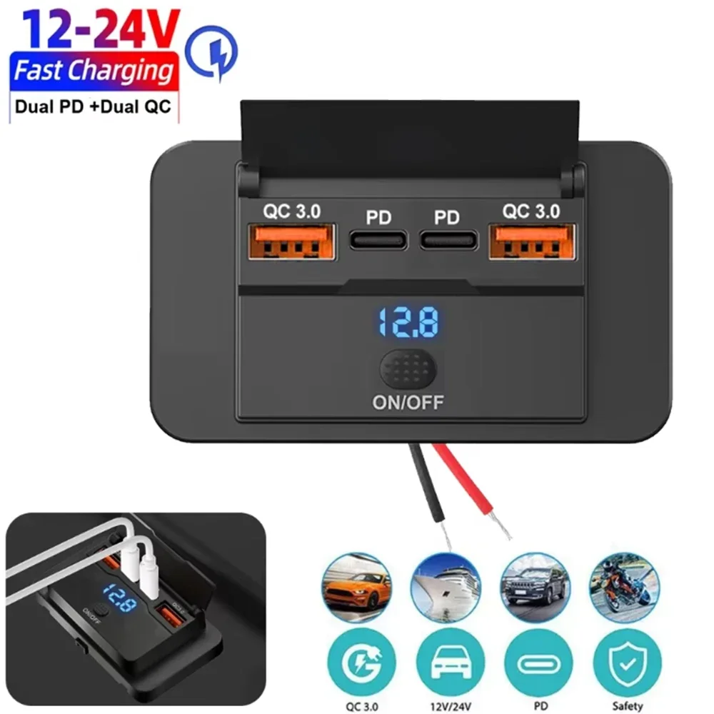 Dual PD USB C Adapters Outlet Car Charging Port Socket Wall Mount Accessories for Boat Marine Campers RV Truck Golf Cart 12/24V