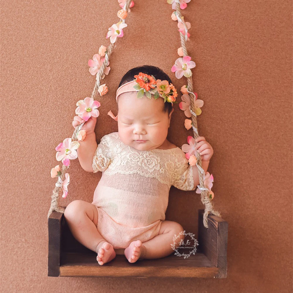 Baby Photography Props  New Born Girl Photoshoot  Newborn Boy Wooden Swing Flower Rattan Accessories 2022