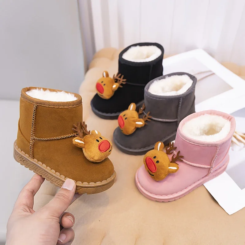 새로운 패션 소녀용 야외 스노우 부츠 겨울 귀여운 순록 어린이 캐주얼 면 부츠 소년용 따뜻한 미끄럼 방지 어린이 플러시 부츠