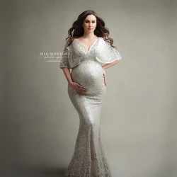 Silver Sequin Maternity Dress for Photo Shoot Plus Size Maternity Gown Baby Shower Dress Pregnant Woman Photography Dress