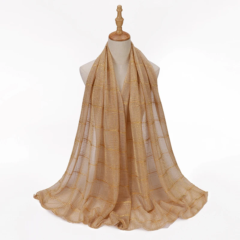 

New Plain Fashion Scarf Wrinkled Plaid Hijab Shawls Veils Women Glitter Crinkled Muslim Long Golded Hijab