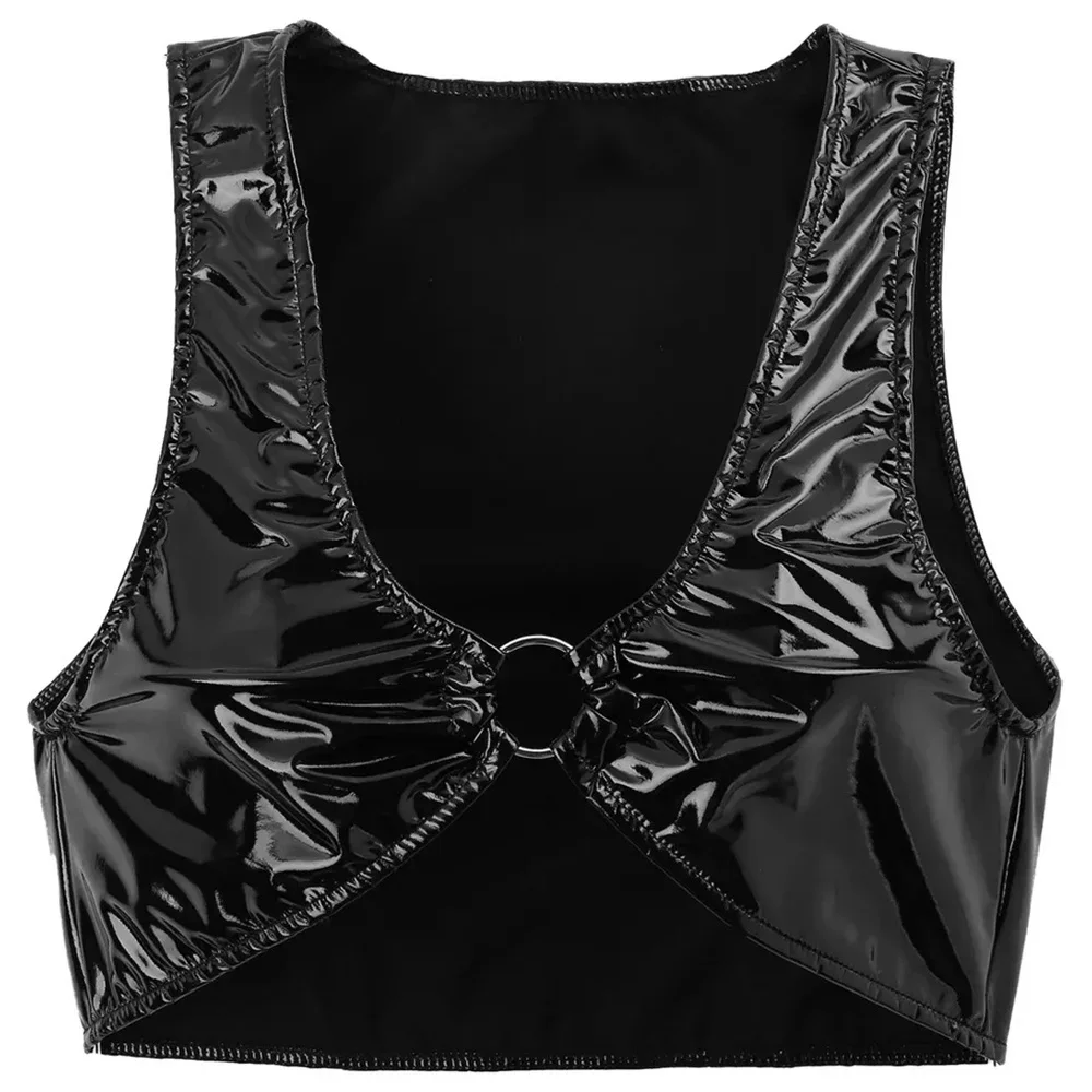 Women Sexy Wet Look Glossy Leather Bras Metal Ring Deep U Bra for Sex Erotic Hot Porn Half Cup Bralette Tops Bodycon Shiny Vest