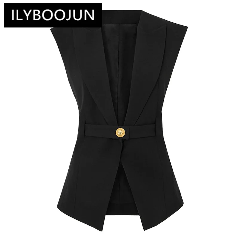 

S-XL Three Colors High Quality Fashion Solid Sleeveless Lapel Waistband Fits Well with Commuter Style Women's Vest