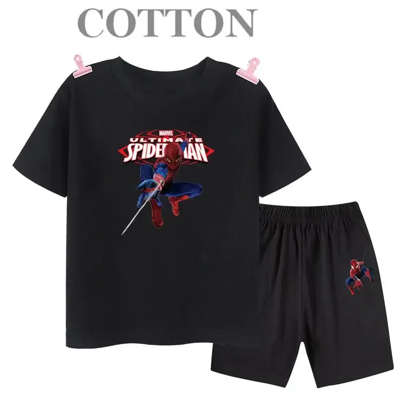 Conjunto de camiseta y pantalones cortos de algodón para niños de Marvel Spider Man de verano, ropa de dibujos animados para niños, conjunto de dos piezas de manga corta, conjunto para niñas y niños