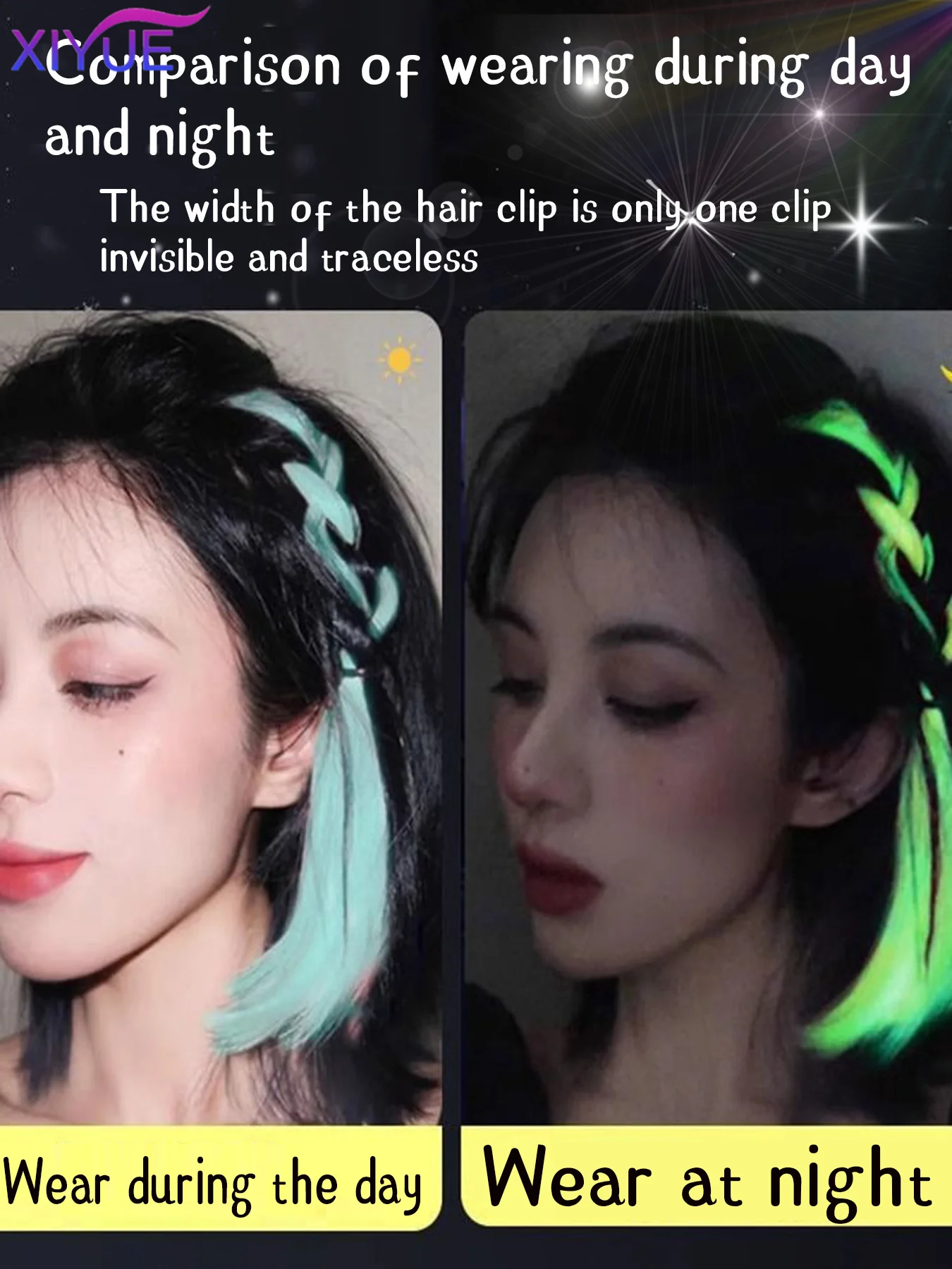XIYUE Glow In The Dark Hair Extensions Clip Luminous Colored Hairpieces Party Rainbow Hair Clips Synthetic Neon Fake Hair