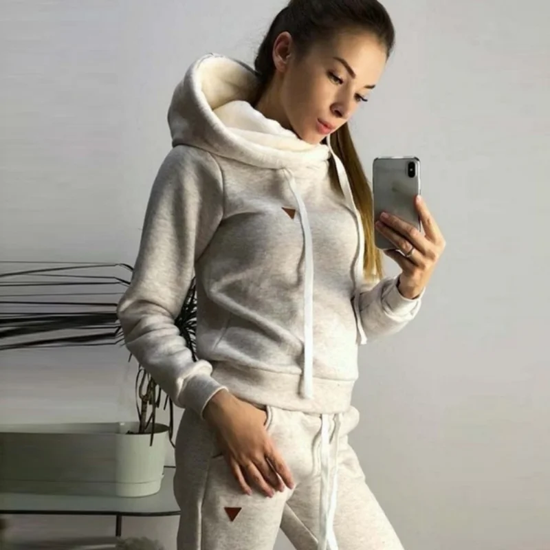 Sports Hoodie Set Women's Fleece Hoodie+Pants Two Piece Set Women's Solid Color Hooded Jogging Set High Collar Long Sleeve Set