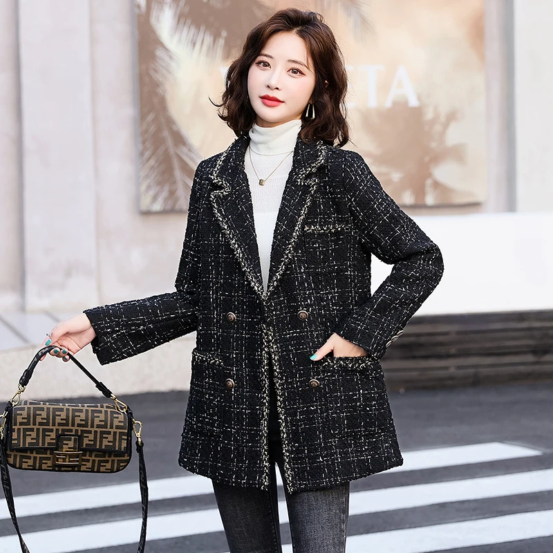 

2024 Autumn and Winter Women Loose Plaid Woolen Jacket Long Sleeve Turn-down Collar Button Fly Female Casual Suits Lady Blazers