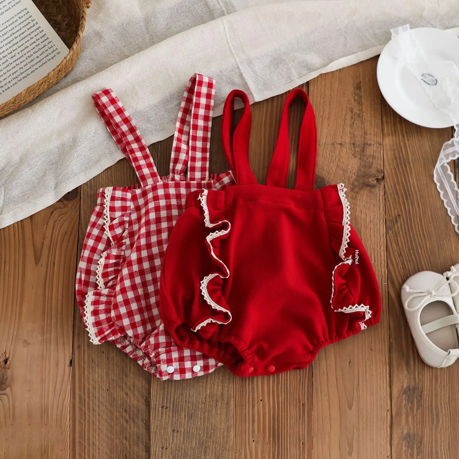 Spring Newborn Baby Girl Romper Outfit Cotton Red Lace Bib Overalls Festive Celebration Baby Clothes Infant Outerwear