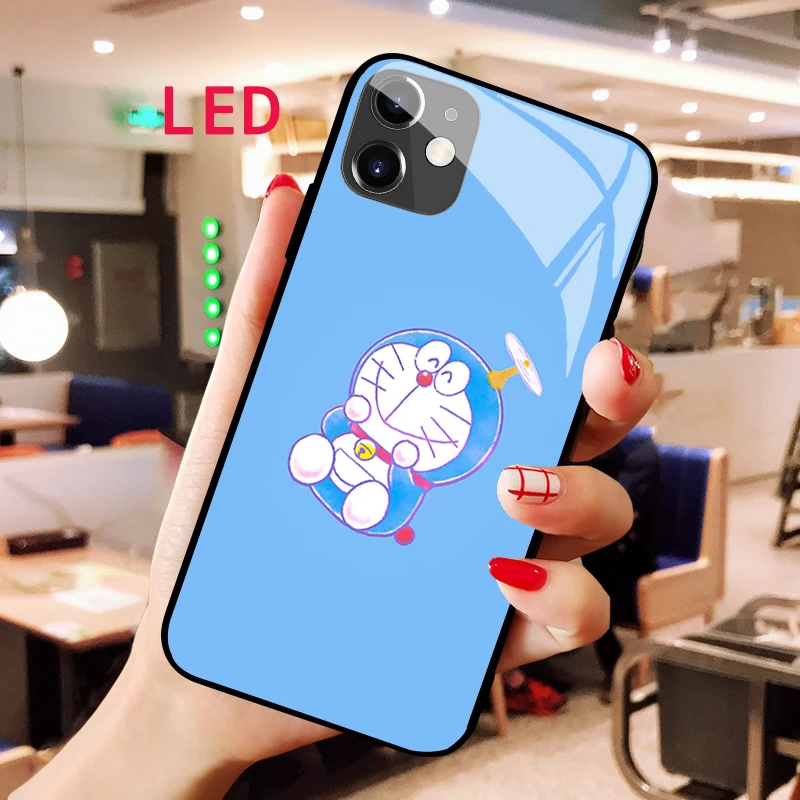 Doraemon Luminous Tempered Glass phone case For Apple iphone 13 14 Pro Max Puls mini Luxury Fashion RGB LED Backlight new cover