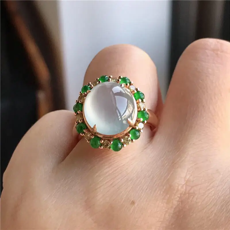 Natural ice chalcedony embellished with green s925 silver inlaid rose gold ring adjustable ring for women