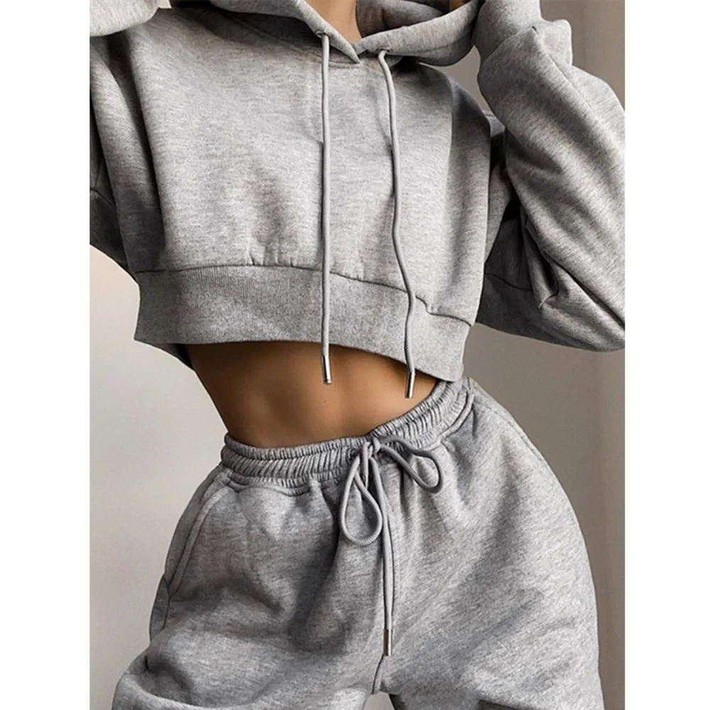 Tracksuit Women Two Piece Set Autumn Clothes Solid Hooded Fleece Sweatshirt Crop Top and Pants Sets Casual 2 Pieces Suit Outfits