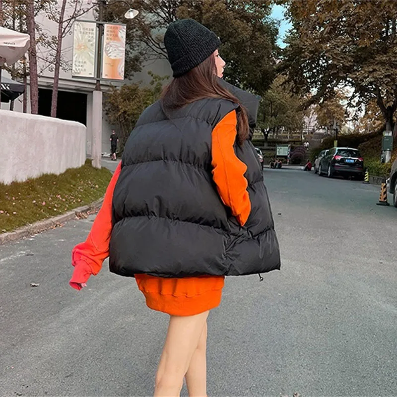 Winter Cotton-padded Vest Women Warm Coat Stand-up Collar Zipper Sleeveless Jacket Overcoat Loose Drawstring Waistcoat Vest Coat