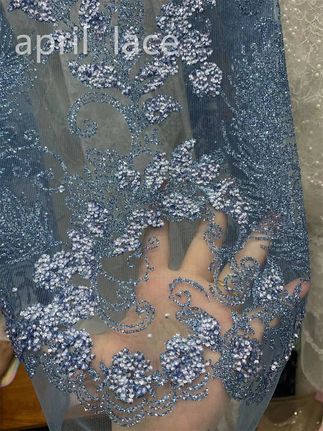 

Оптовая продажа 100 ярдов/пакет yaa06 # синяя кружевная блестящая ткань с принтом 2024 новая Апрельская Свадебная кружевная ткань