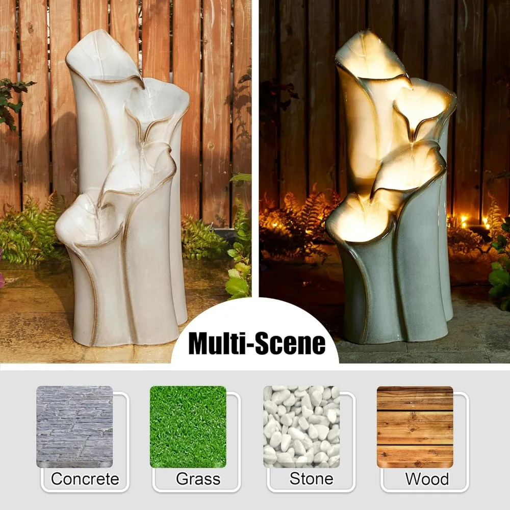31.25 "H4 Layer Waterfall Fountain with LED Lights and Water Pump, Garden Backyard, Ceramic Floor Lotus Leaf Texture Fountain 4