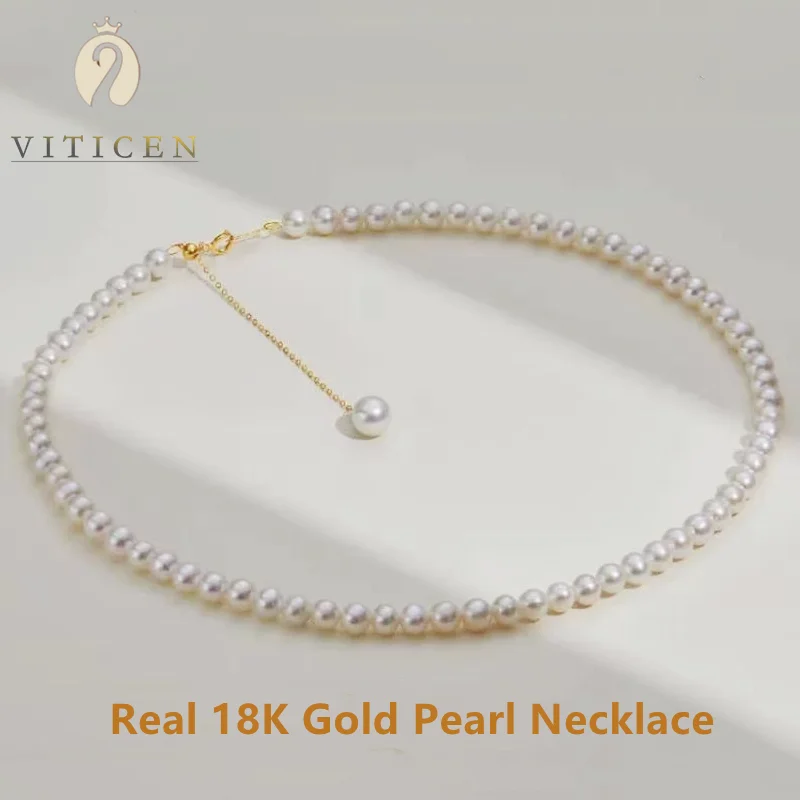 

Real 18K Gold Full Pearl Necklace For Women Au750 Natural Freshwater Pearl Adjustable Clavicle Chain Party Fashion Fine Jewelry