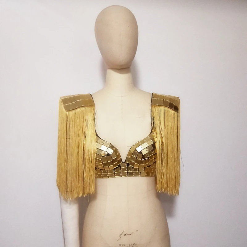 

Gold Sequin Tassel Crop Tops Bra Vest Dance Costume Bar Nightclub Women DJ Singer Performance Waistcoat Rave Outfits