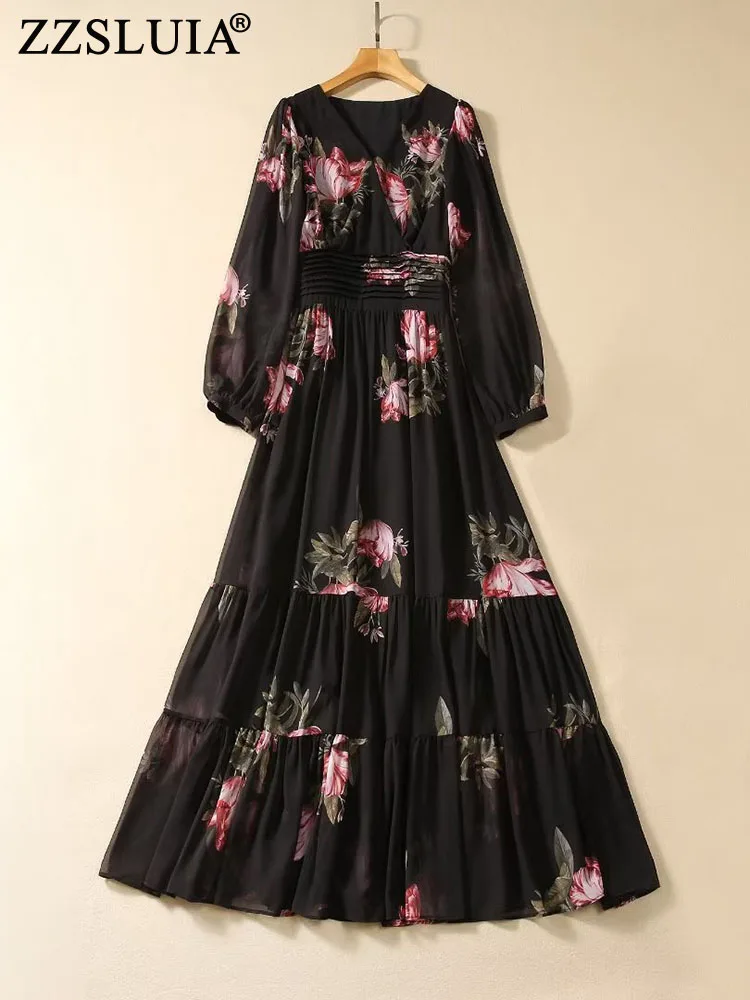 

Платье ZZSLUIA с длинным рукавом, V-образным вырезом, цветочным принтом, тонкое длинное модное дизайнерское винтажное черное платье, элегантные женские платья