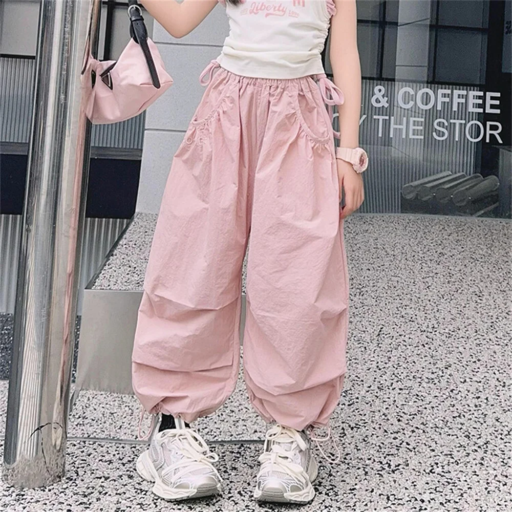 

Модные детские брюки-карго 92, летние широкие брюки, прямые штаны для девочек, розовые брюки