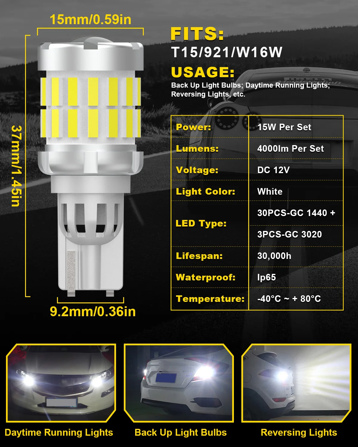 Фото 2 шт., светодиодные лампы T15 W16W Canbus 920 921 912 6000 лм 3020SMD №2