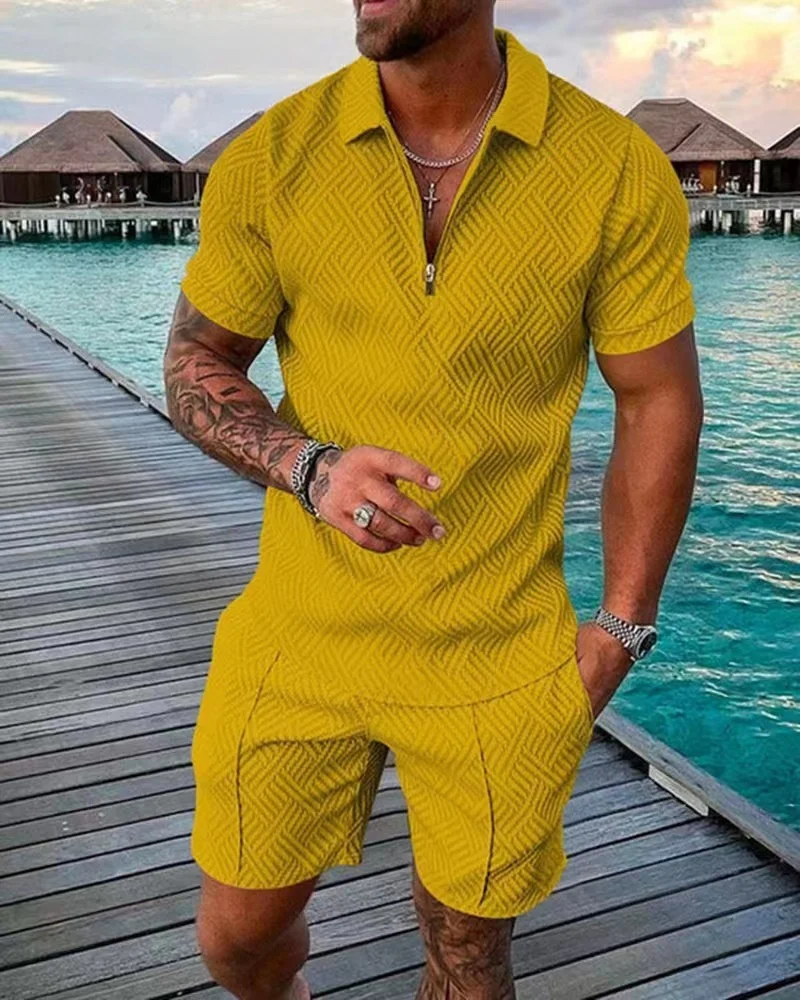 Men's Solid Color Two-piece Sets Casual Zipper Lapel Neck Pullover POLO Shirt Loose Waist Shorts Summer Daily Sports Male Suit 2