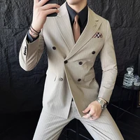 M-7XL ( Blazer + Pants ) Luxury Classic Striped Men's Official Office Casual Business Double -breasted Suit Groom Wedding Gown 5