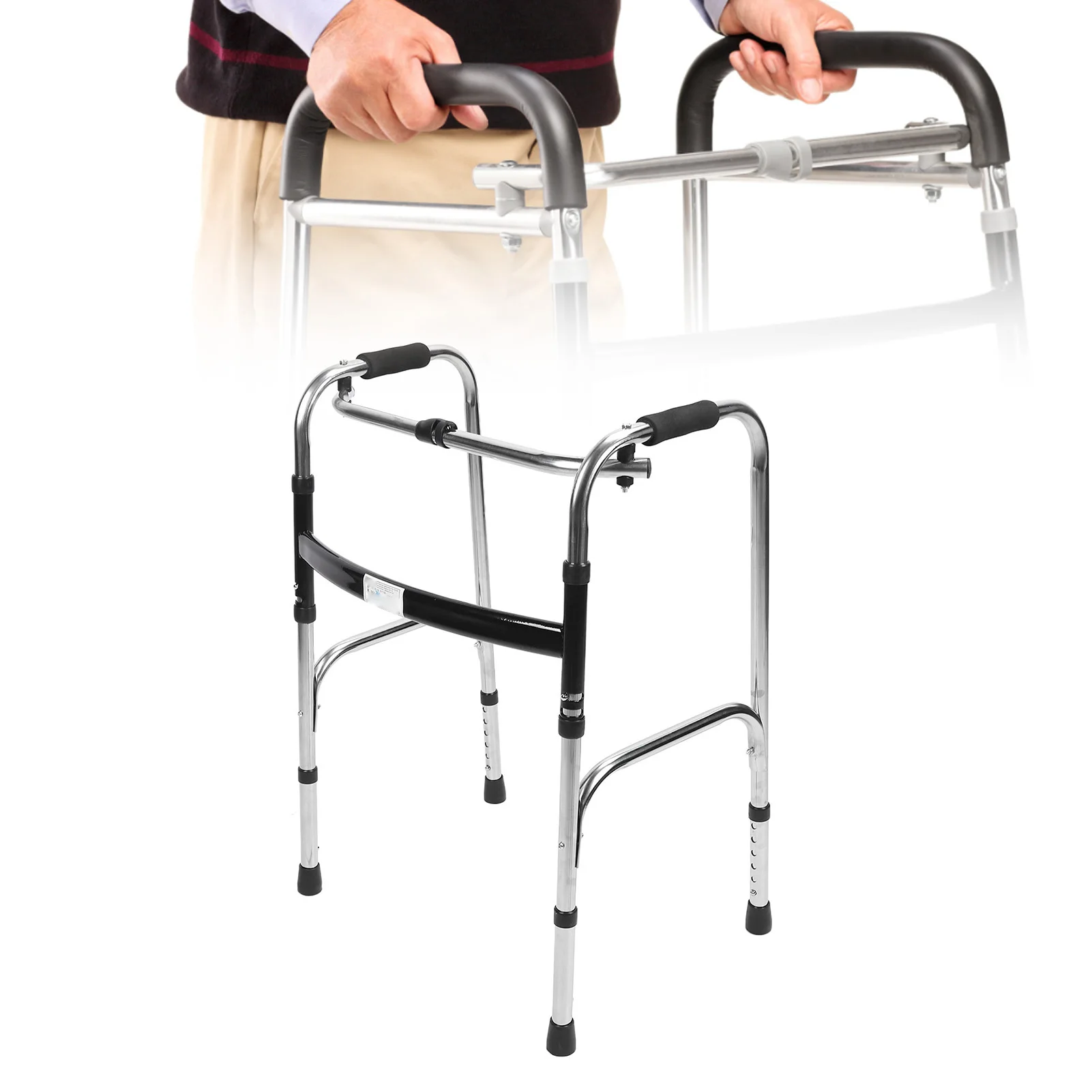 

Elderly Folding Walker Height Adjust Stainless Steel Portable Recovery Senior Walker Silver Black