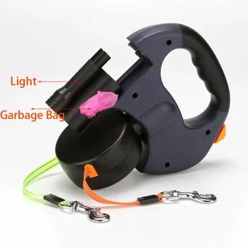 Durable Double Dog Leashes Automatic Retractable Nylon Lead Extension Puppy Walk Roulette with Light Fidget Toy Poop Bag Case 4