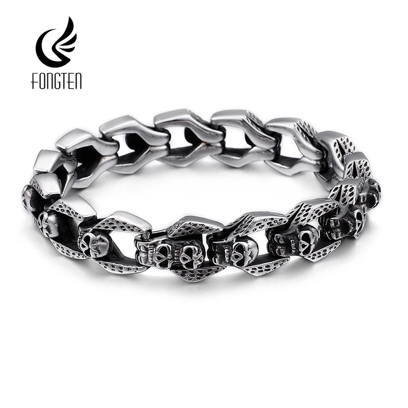 

Fongten Skeleton Men Bracelet Stainless Steel Skull Wristband Charm Chain Bracelets Bangle Silver Color Gothic Jewelry
