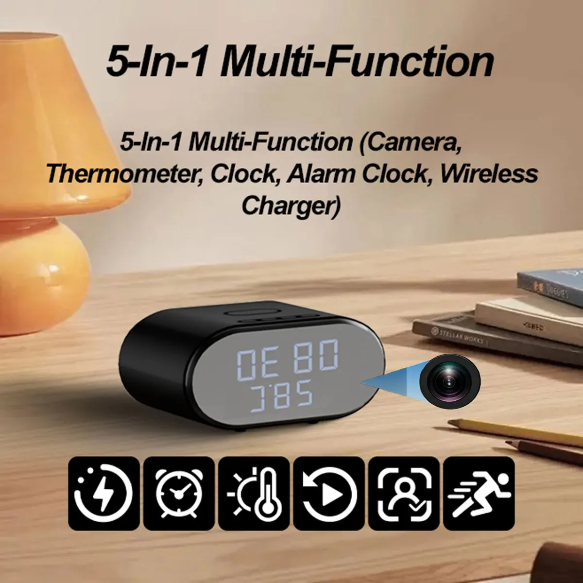 Alarm clock camera with wireless charging and digital display