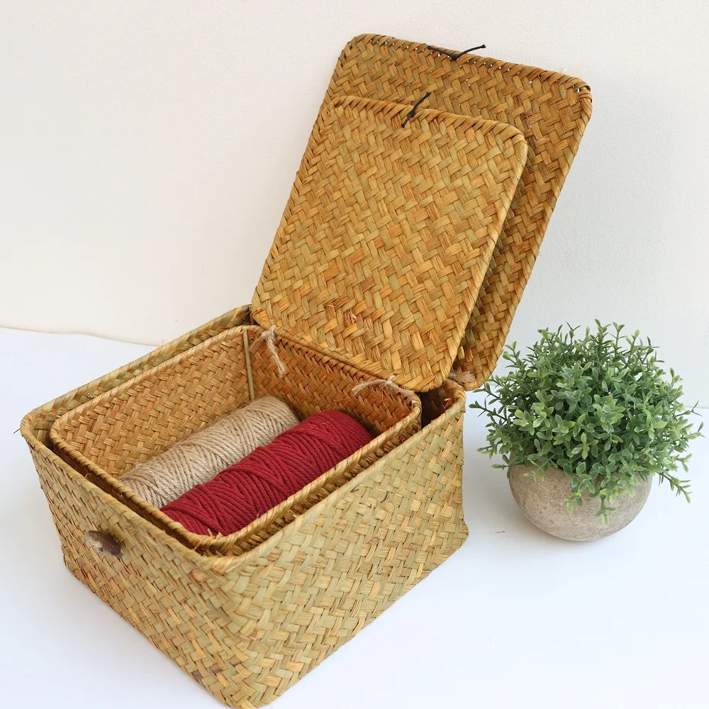 Handmade 4Pcs Set storage basket with lid rectangular seaweed rattan fabric cosmetics multi-purpose container natural box 2