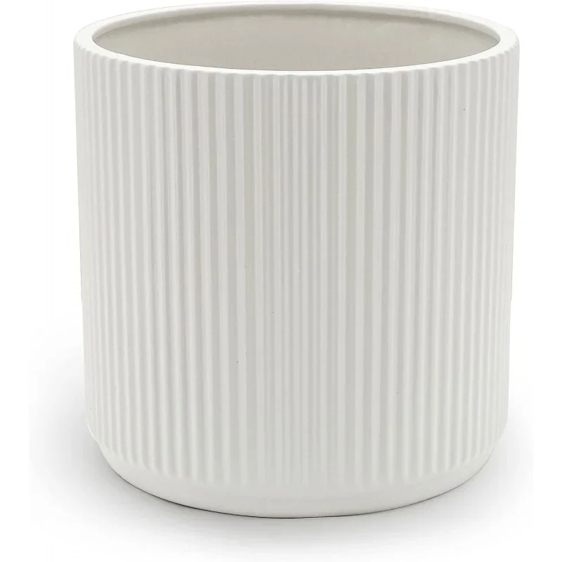 Basics Fluted Ceramic Round Planter, 10-Inch, White
