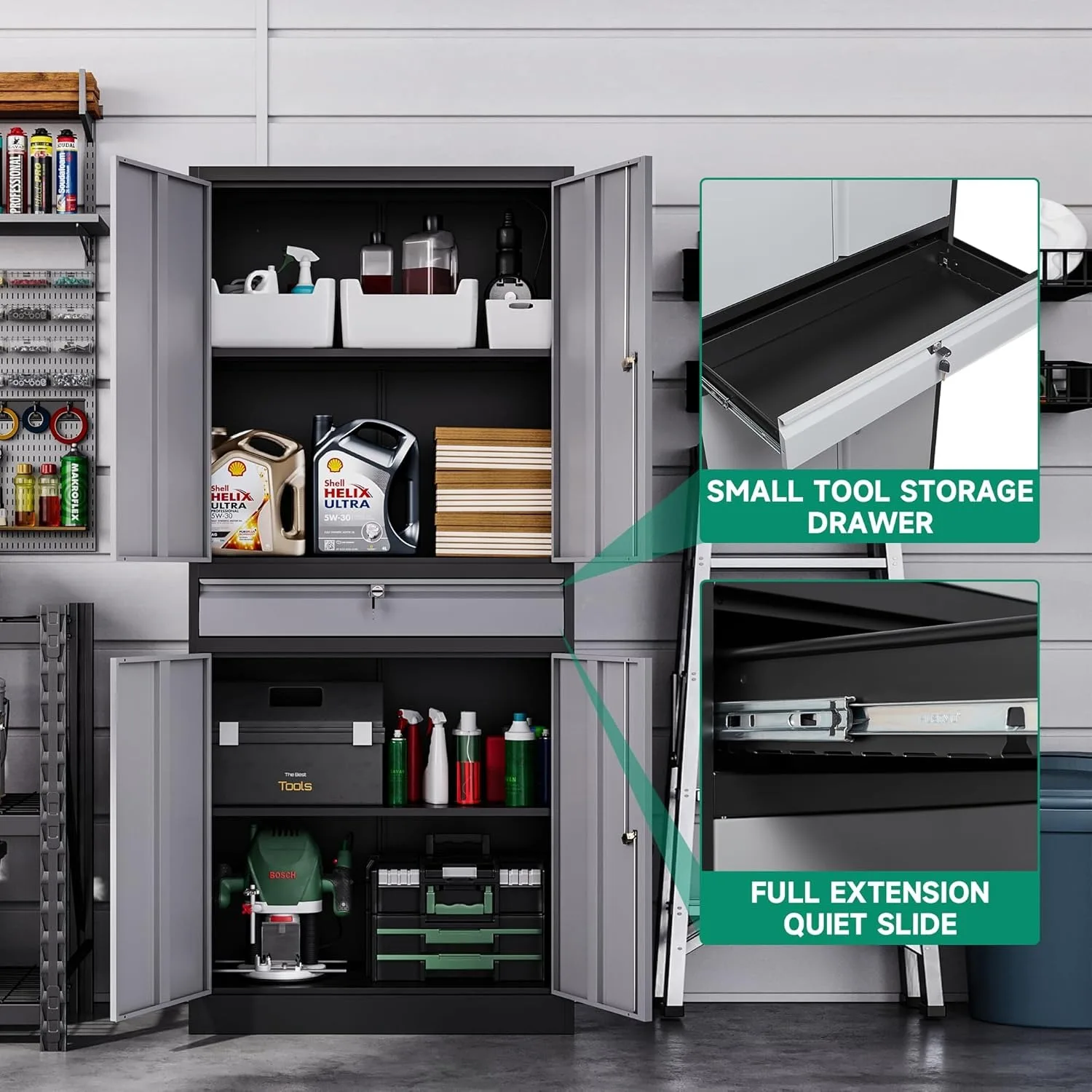 Metal Garage Storage Cabinet w/Drawer,4 Door Tool Cabinet w/Lock-2 Adjustable Shelves for Garage Home Office (Black & Gray) 5
