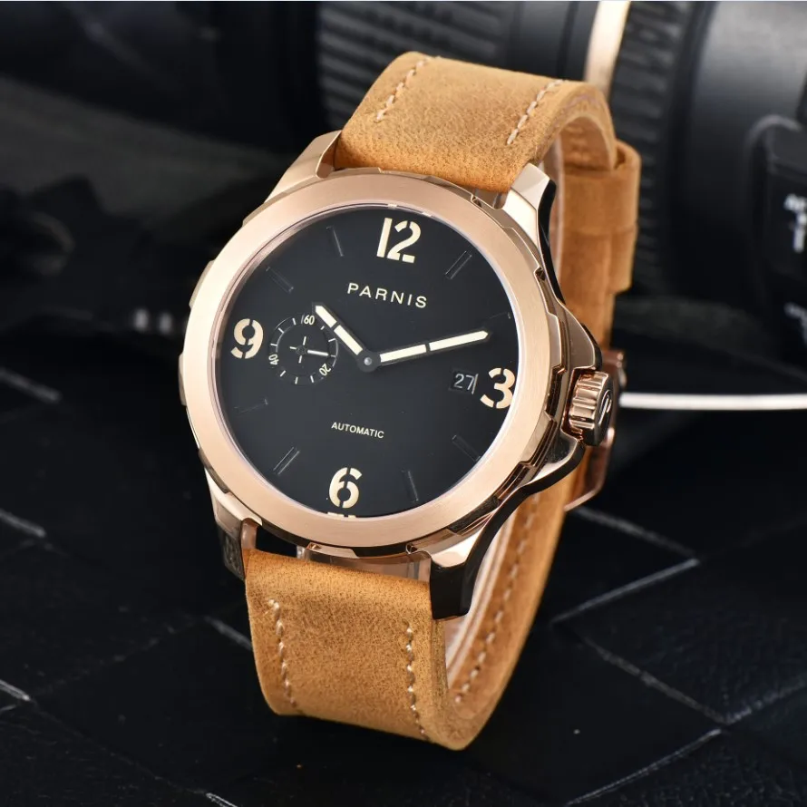 

New 44mm PARNIS Sapphire Crystal Luxury Brand Mechanical Watches ST2555 Automatic Movement Luminous Leather Strap GR198-22