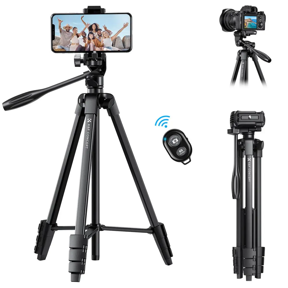 

K&F Concept 59.4''/1.5m Aluminum Travel Tripod with Bluetooth Remote & Adjustable Height (17-60 inch) Lightweight 360° Panorama