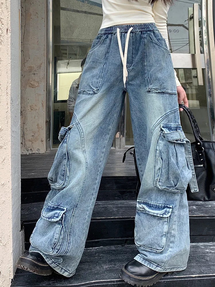 2023 Spodnie Y2K Fashion Washed Blue Drawstring Baggy Cargo Jeans Pants For Women Clothes Straight Wide Leg Loose Lady Trousers