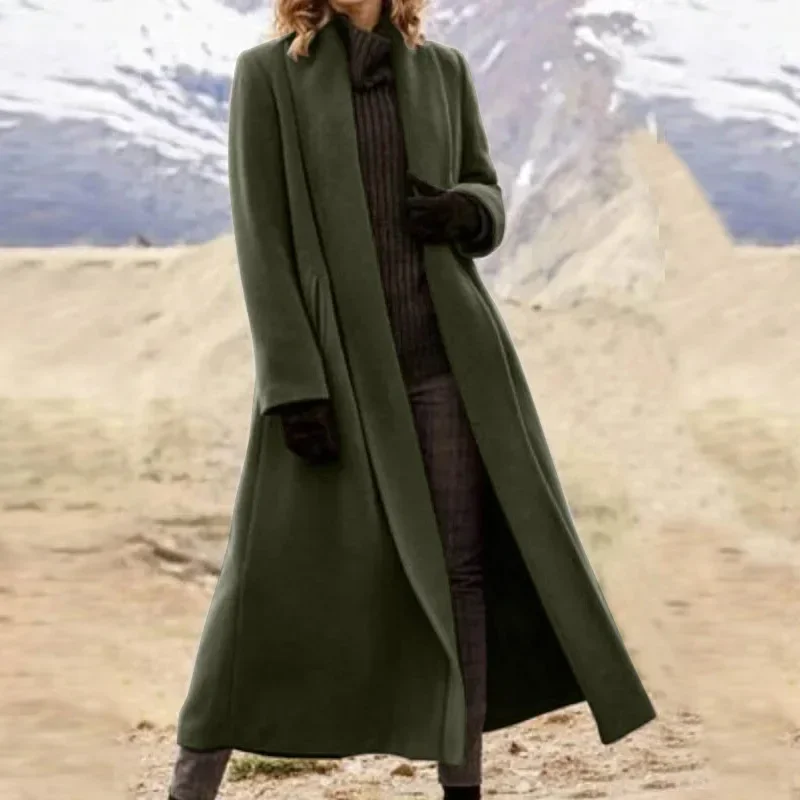 

Elegant Solid Color Lapel Loose Long Trench Coat Autumn Winter Women Wool Coat Fashion Long Sleeve Pocket Cardigan Woolen Coat