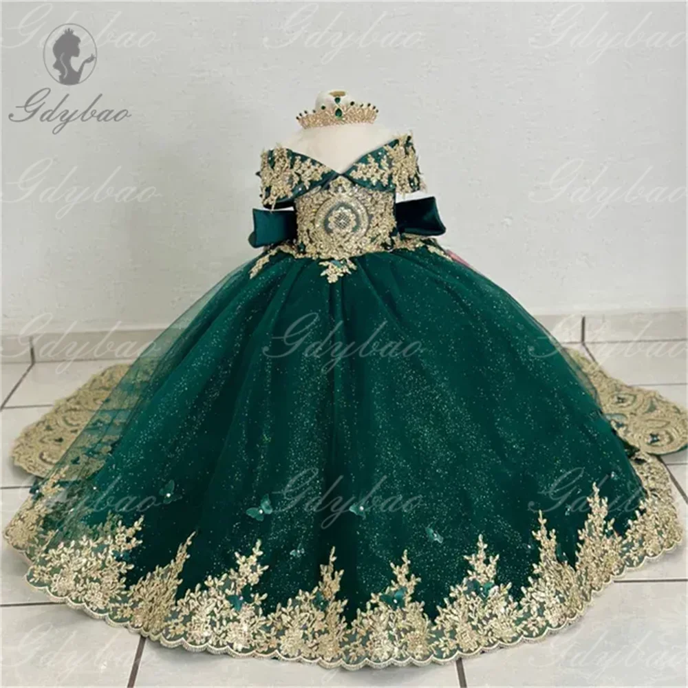 Flower Girls Dress Off The Shoulder Golden Appliques Children Birthday Party Gown flower girl dresses