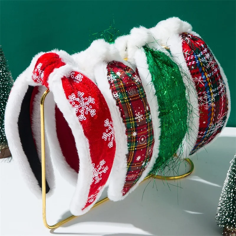 Christmas Snowflake Plaid Headband Wide Knotted Hair Hoop Hair Accessories Women Girls Band Party Favors Decorations