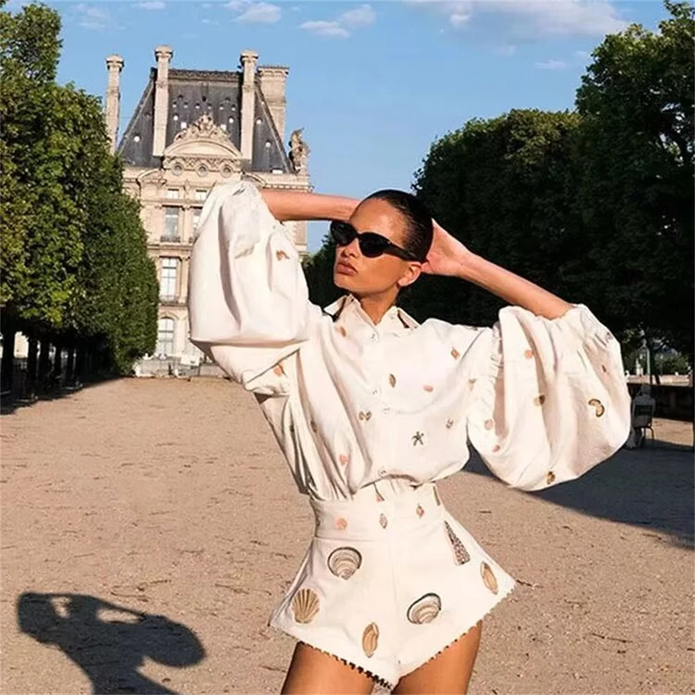 UNIZERA여성 레이스 패널 반바지 세트, 패셔너블하고 우아함, 쉘 프린트..