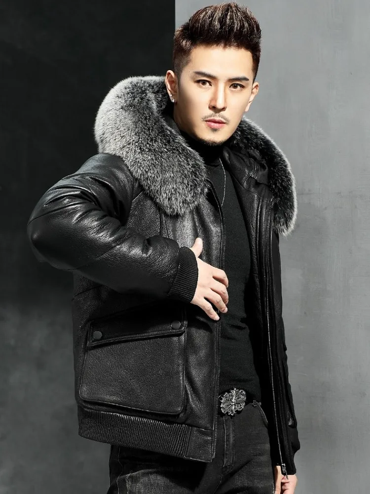 Fox Fur Collar Fashion Mens Genuine Leather Down Jacket Punk