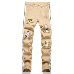 Men Cracked Patch Biker Denim Jeans for Men Streetwear Holes Ripped Latter Patchwork Stretch Denim Pants Slim Skinny Trousers